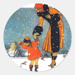 Feeding Birds in the Snow Classic Round Sticker