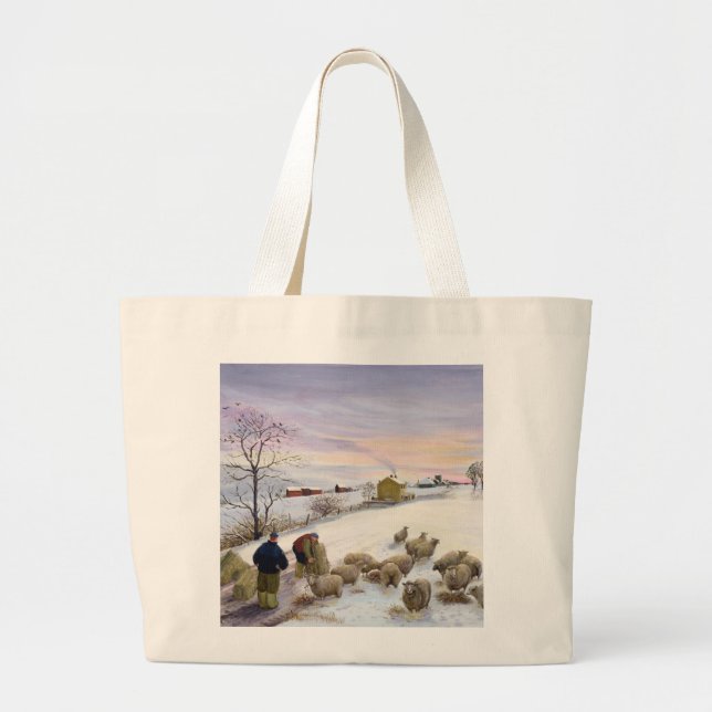 Feeding sheep in winter large tote bag (Front)