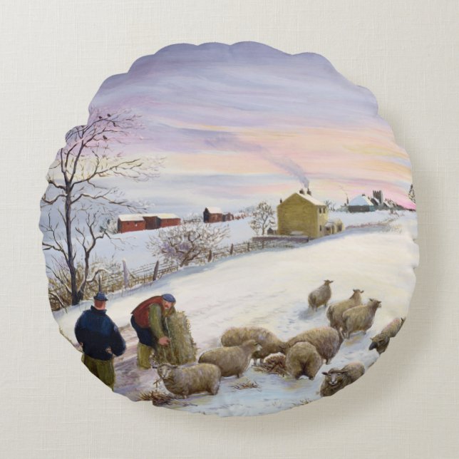Feeding sheep in winter round cushion (Front)