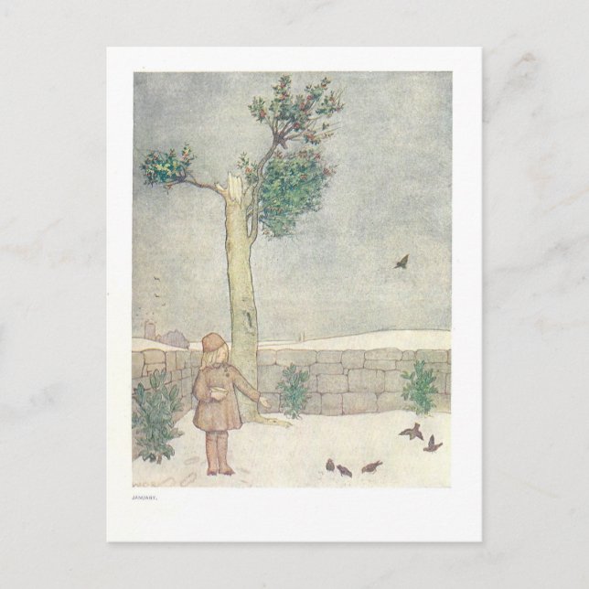 Feeding the Birds in January Vintage Illustration Postcard (Front)