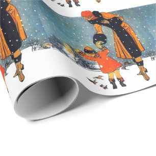 Feeding the birds on a snowy day wrapping paper