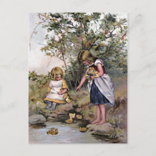 Feeding the Ducks Vintage Illustration Postcard