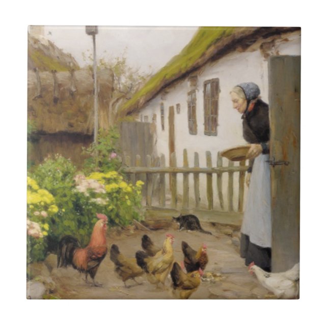 Feeding the Hens (by H.A. Brendekilde) Ceramic Tile (Front)