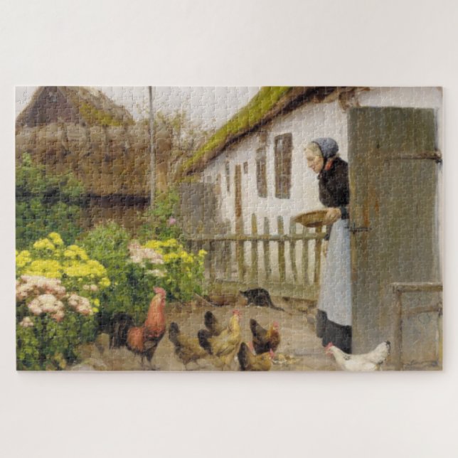 Feeding the Hens (by H.A. Brendekilde) Jigsaw Puzzle (Horizontal)