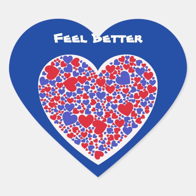 Feel Better, red and blue hearts on heart sticker (Front)