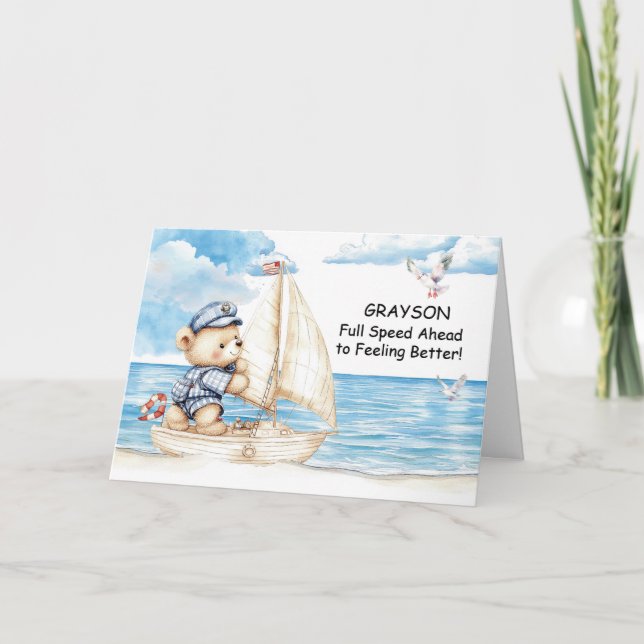 Feel Better Soon Teddy Bear Personalise Sailing Card (Front)