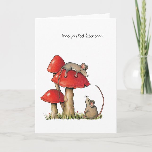 Feel Better Soon, Whimsical Art, Mice, Toadstools Card (Front)