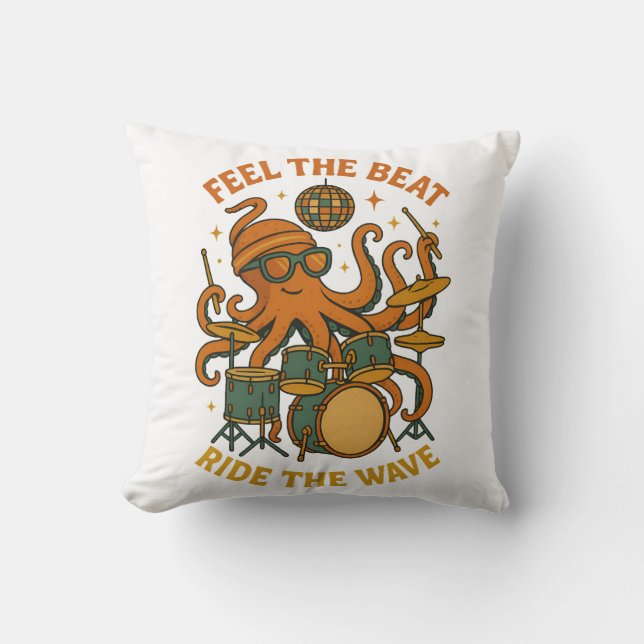 Feel the Beat Octopus Drummer Retro 70s Disco tee Cushion (Front)