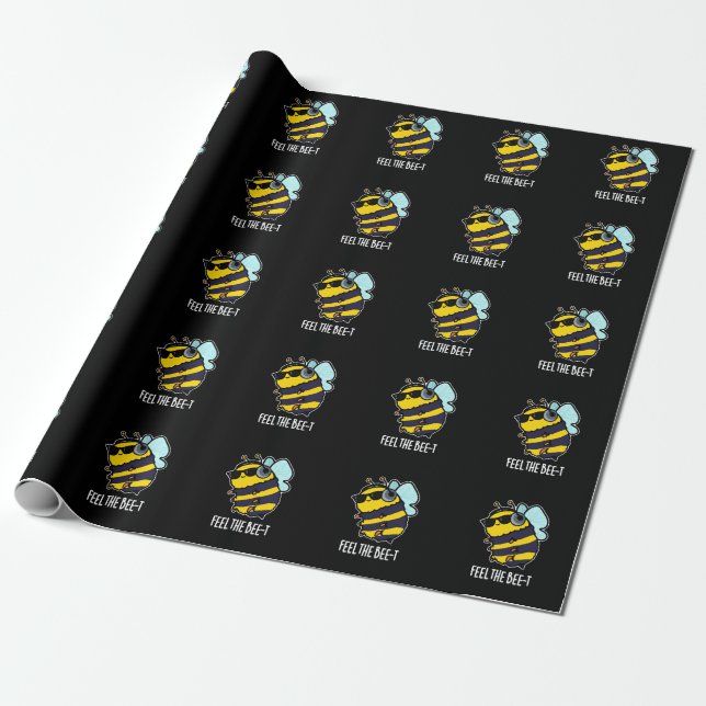 Feel The Bee-t Funny Bee Pun Dark BG Wrapping Paper (Unrolled)