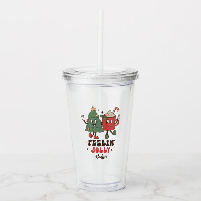 Feelin' Jolly Christmas Holidays Funny Retro Name Acrylic Tumbler (Front)