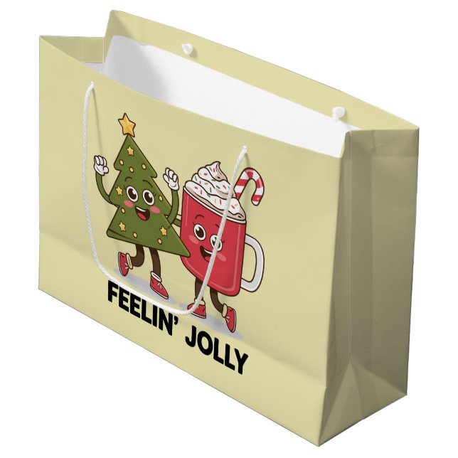 Feelin Jolly Christmas Tree Coffee Lover Winter Large Gift Bag (Front Angled)
