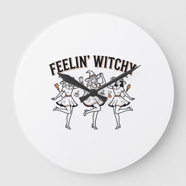 Feelin Witchy Retro Halloween Witches Large Clock (Front)