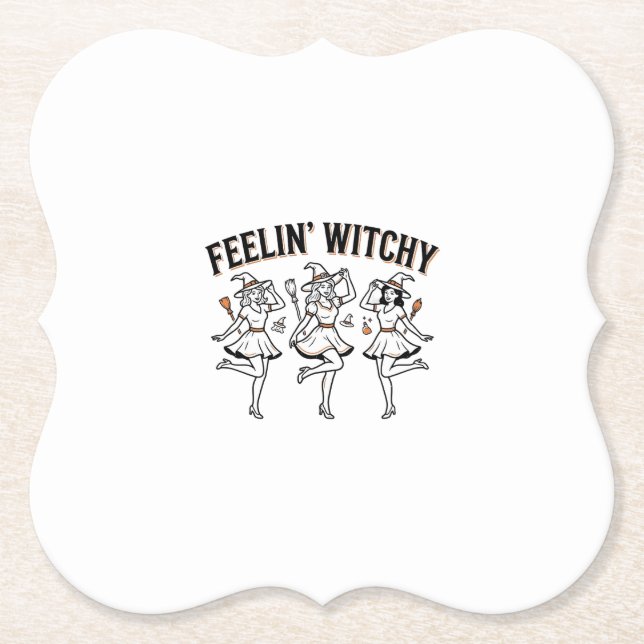 Feelin Witchy Retro Halloween Witches Paper Coaster (Front)