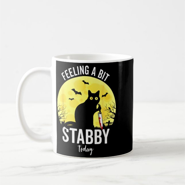 Feeling A Bit Stabby Funny Black Cat Halloween Coffee Mug (Left)