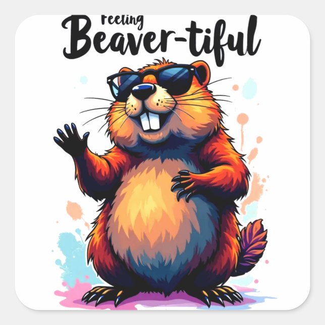 Feeling Beaver-tiful – Funny Beaver Graphic  Square Sticker (Front)