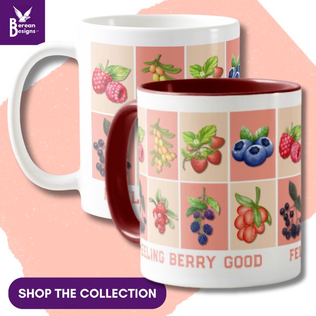 FEELING BERRY GOOD Custom Name Strawberry Mug (Listing is for ONE MUG ONLY, showing variety of berries in the Feeling Berry Good aesthetic)