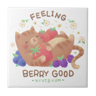 Feeling Berry Good: Cute Cat with Berries Ceramic Tile