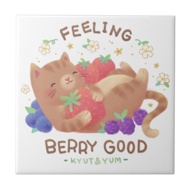Feeling Berry Good: Cute Cat with Berries Ceramic Tile (Front)