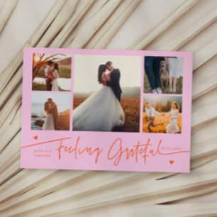 Feeling Grateful Orange Pink Wedding Multi Photo Thank You Card