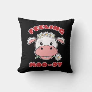 Feeling Moo-dy   Cute Cartoon Cow Quote Cushion