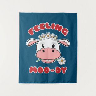 Feeling Moo-dy   Cute Cartoon Cow Quote Tapestry