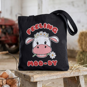 Feeling Moo-dy Cute Cartoon Cow Quote Tote Bag