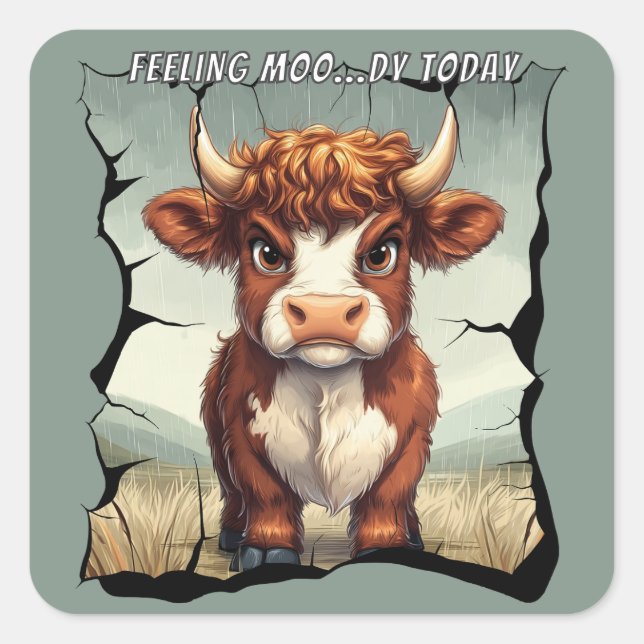 Feeling Moody Today Highland Cow Square Sticker (Front)