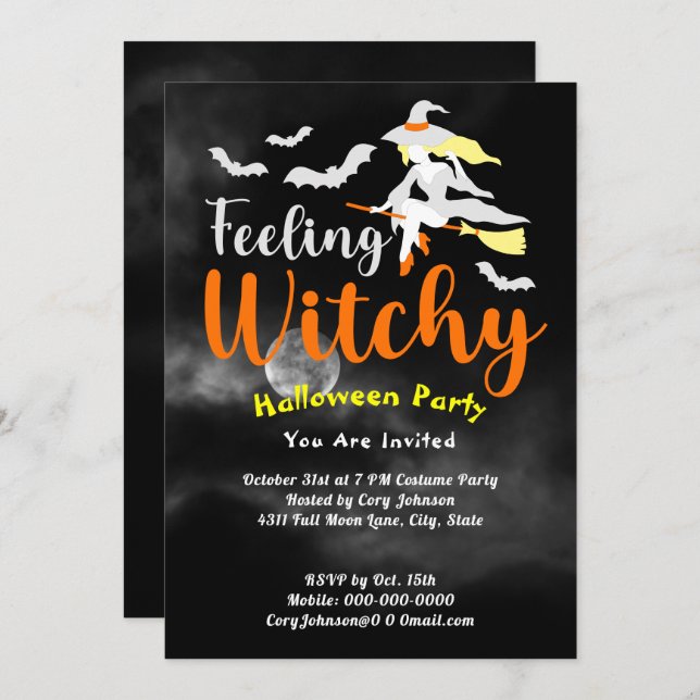Feeling Witchy Bats Moon Black Sky Halloween Party Invitation (Front/Back)