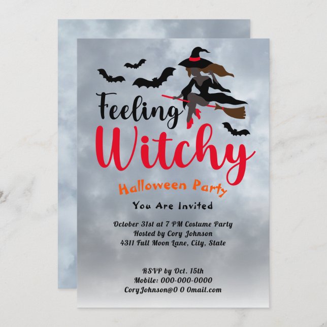 Feeling Witchy Bats Moon Grey Sky Halloween Party Invitation (Front/Back)