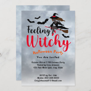 Feeling Witchy Bats Moon Grey Sky Halloween Party Invitation