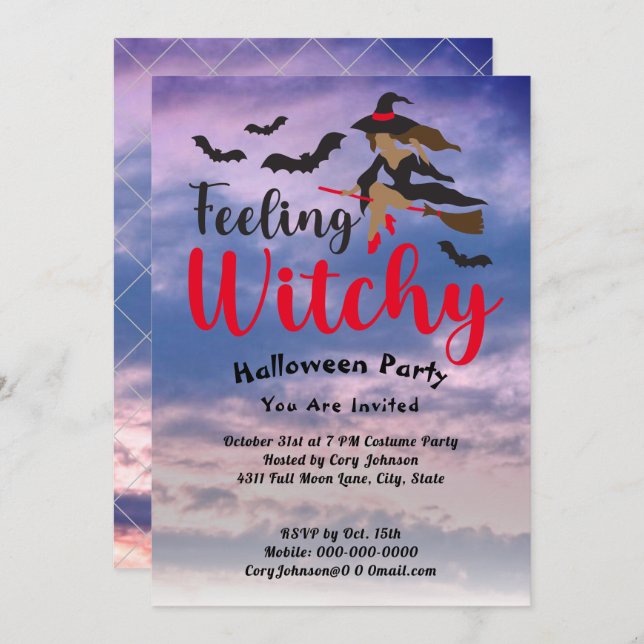 Feeling Witchy Red, Bats Witch Sky Halloween Party Invitation (Front/Back)