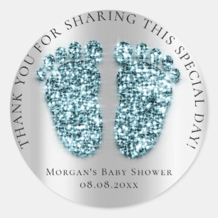 Feet Baby Shower Favour Thank Glitter Blue Grey Classic Round Sticker