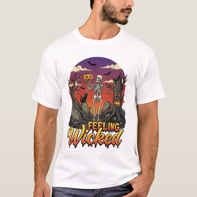 Fefling Wicked Skeleton Pumpkin Black Cat Tree T-Shirt (Front)