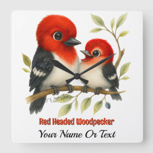 Feisty Red-headed Woodpecker Square Wall Clock