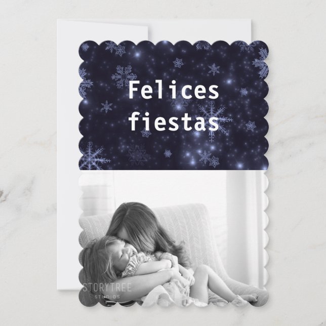Felices Fiestas Snowflakes Midnight Blue Flat Card (Front)