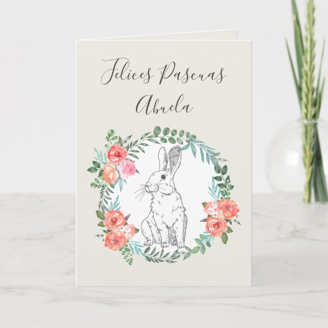 Felices Pascuas Bunny Floral Boho Spanish Ivory Holiday Card (Front)