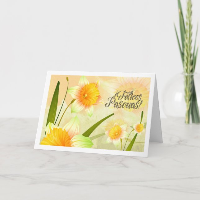 Felices Pascuas. Daffodil Easter Card in Spanish (Front)