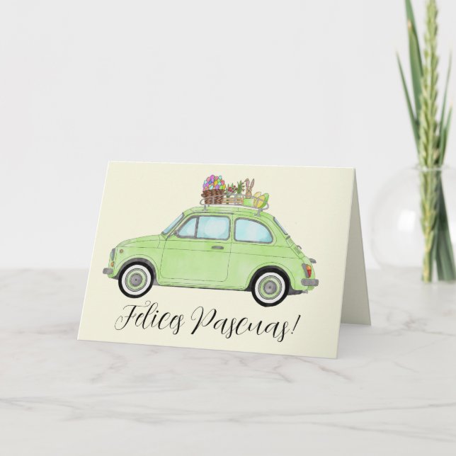 Felices Pascuas Spanish Easter Retro Fiat 500  Holiday Card (Front)