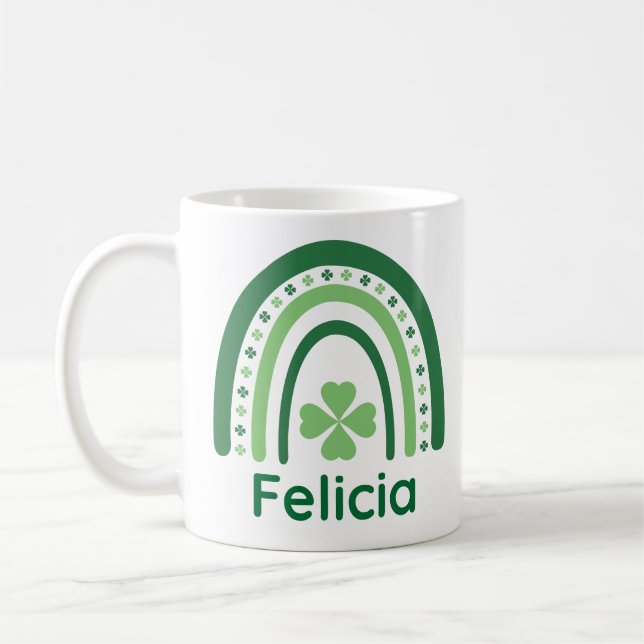 Felicia Name Clover Boho Rainbow Coffee Mug (Left)