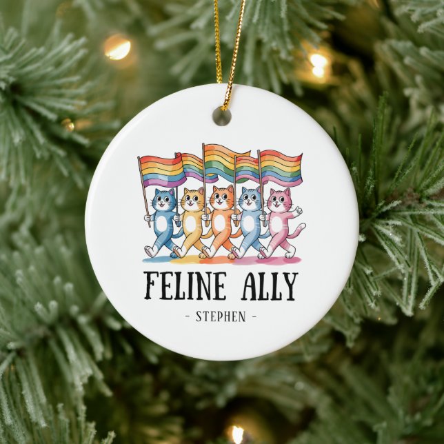 Feline Ally – Rainbow Cat LGBTQ Pride Ceramic Ornament (Tree)