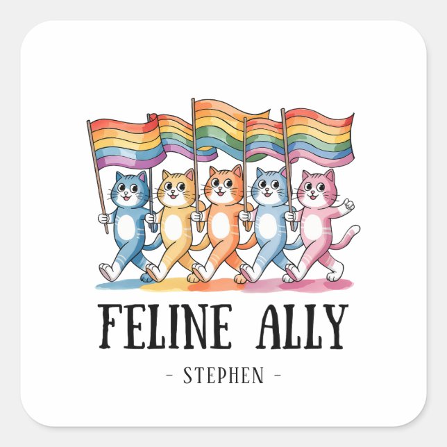 Feline Ally – Rainbow Cat LGBTQ Pride Square Sticker (Front)