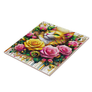 Feline Amidst a Vibrant Floral Bloom Ceramic Tile