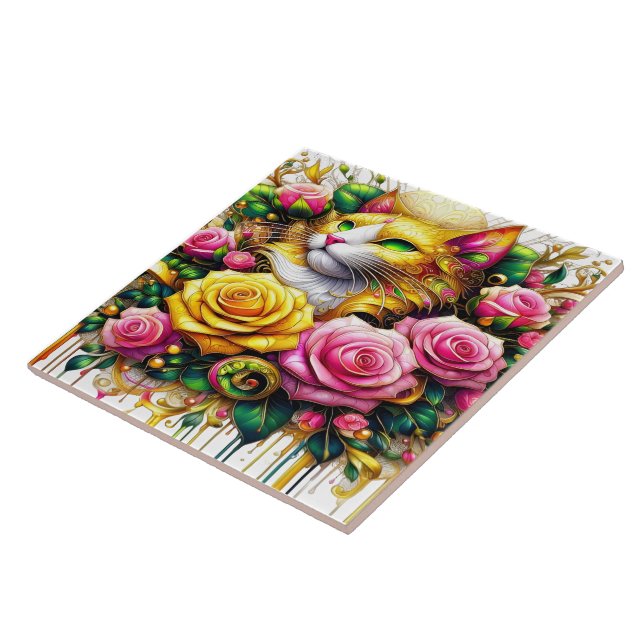 Feline Amidst a Vibrant Floral Bloom Ceramic Tile (Side)