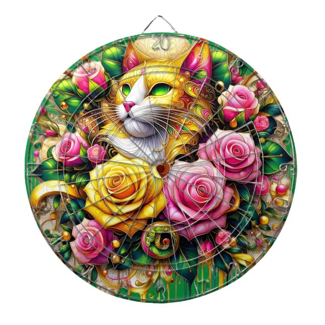 Feline Amidst a Vibrant Floral Bloom Dartboard (Front)
