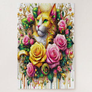 Feline Amidst a Vibrant Floral Bloom Jigsaw Puzzle