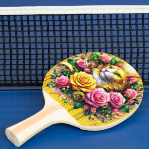 Feline Amidst a Vibrant Floral Bloom Ping Pong Paddle