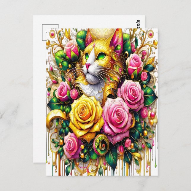Feline Amidst a Vibrant Floral Bloom Postcard (Front/Back)