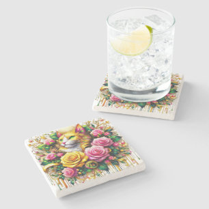 Feline Amidst a Vibrant Floral Bloom Stone Coaster