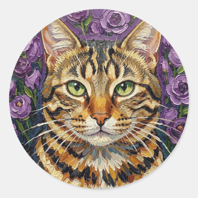 Feline and Floral | Cute Artistic Gray Tabby Cat Classic Round Sticker (Front)
