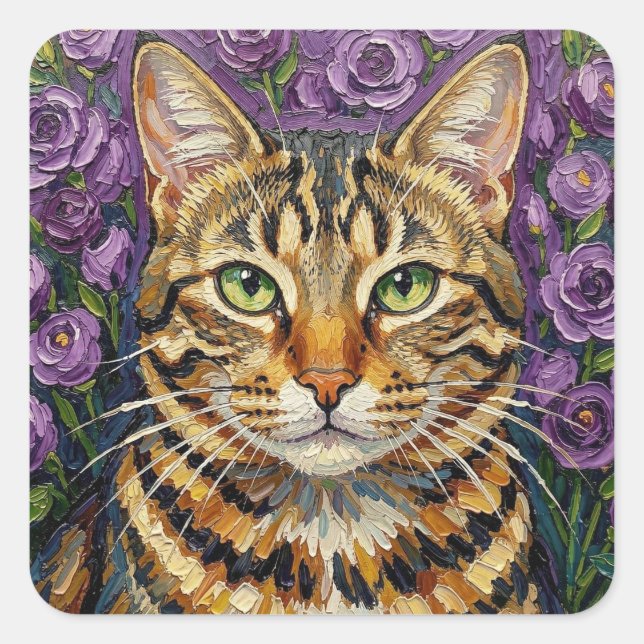 Feline and Floral | Cute Artistic Gray Tabby Cat Square Sticker (Front)